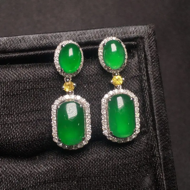 New silver inlaid full diamond natural square green chalcedony earrings exquisite temperament luxury ladies brand jewelry