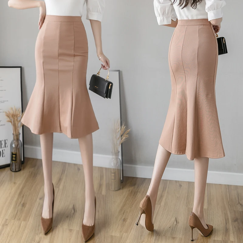 

5XL Solid Empire Slim Folds Above Knee Sexy Midi Skirts Autumn Womens Faldas 2021 New Fashion Elegant Mermaid Japan Style Jupe