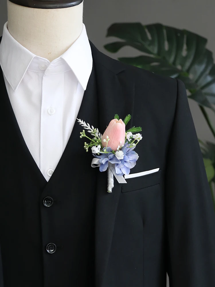 GT ผ้าไหม Corsages สีฟ้า Boutonnieres ของตกแต่งงานแต่งงานแต่งงาน Rose นาฬิกาข้อมือ Corsage Pin Boutonniere ดอกไม้สำหรับผู้เข้าพัก