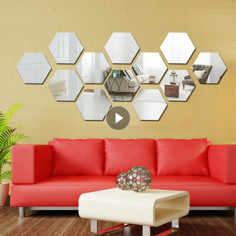 12PCS/set 3D Mirror Wall Sticker Home Decor Hexagon Decorations Removable Living-Room Decal Art Ornaments Home Room Accessories