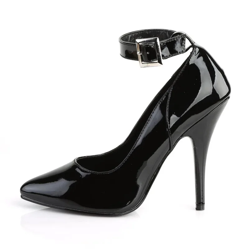 Women Pumps Brand 13CM Thin High Heels Black Patent Leather Buckle Strap waterproof Office & Career shoes for woman white red