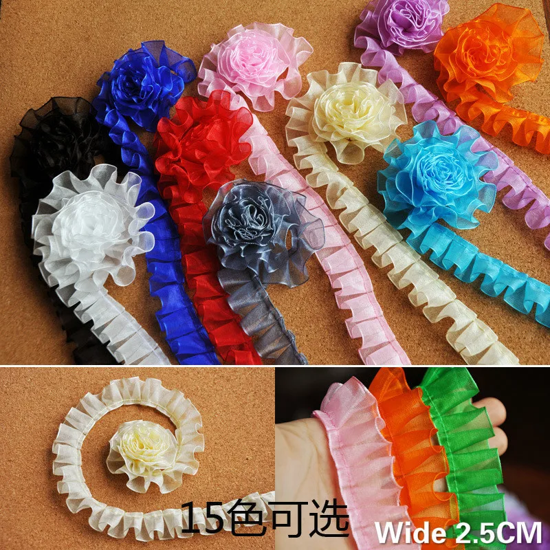 2.5CM Wide Luxury 3D Pleated Lace Ribbon Organza Fabric Lace Appliques Trim Guipure Cloth Dress Sewing DIY Trimmings 15Colors