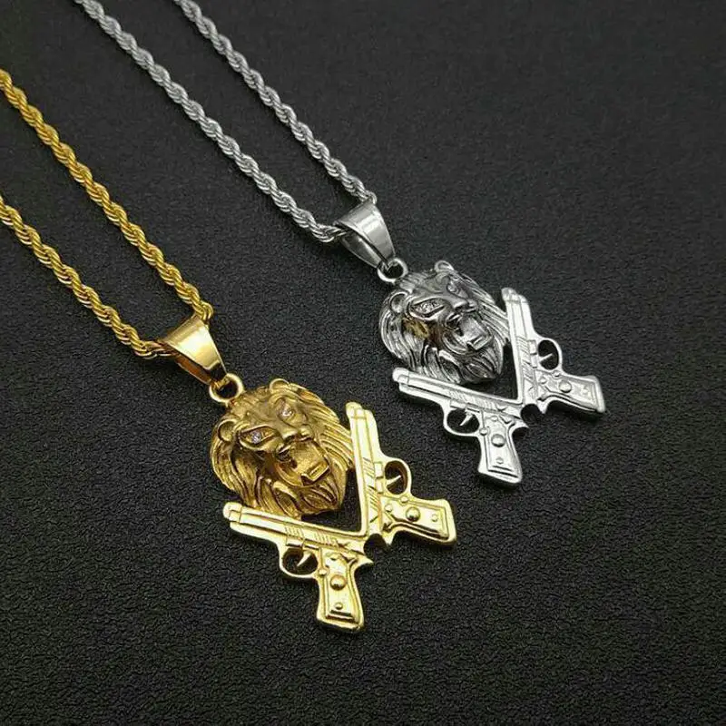 Stainless steel gold plated diamond pistol Lion head pendant