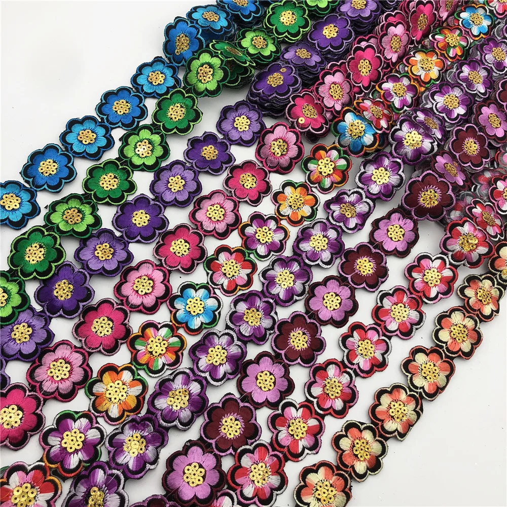 Iron on flower Sequins Lace Ribbon African Embroidered Flower Trim Tape Fabric Diy Clothes 17color in stock