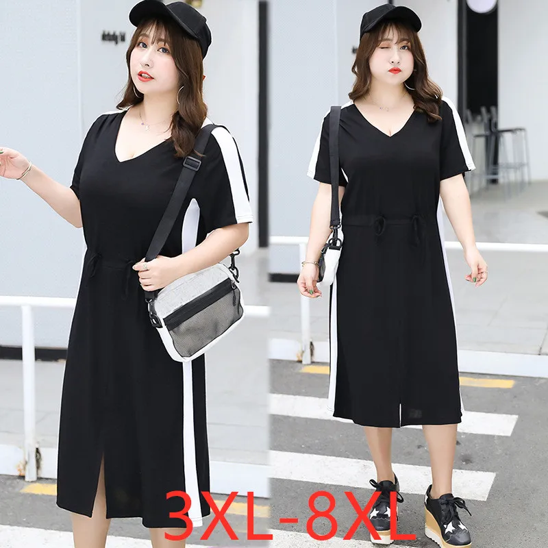 New 2021 summer plus size long dress for women large short sleeve loose elastic stripe V neck dresses belt 4XL 5XL 6XL 7XL 8XL