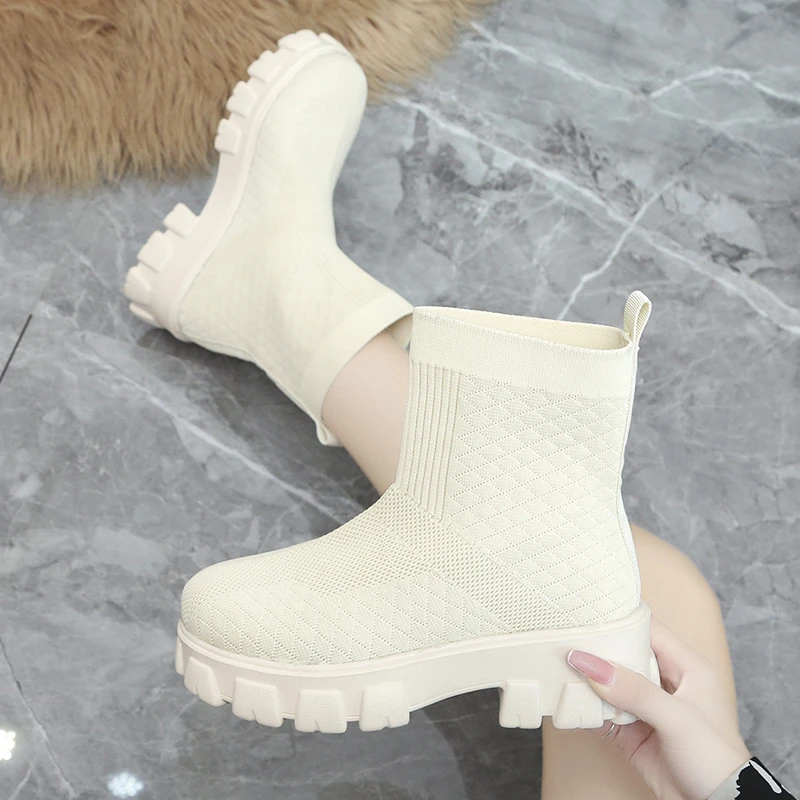 

Women Platform Sock Boots 2021 Summer Autumn Ladies Breathable Short Ankle Boots Female Mid Heels Woman Comfort Shoes Plus Size