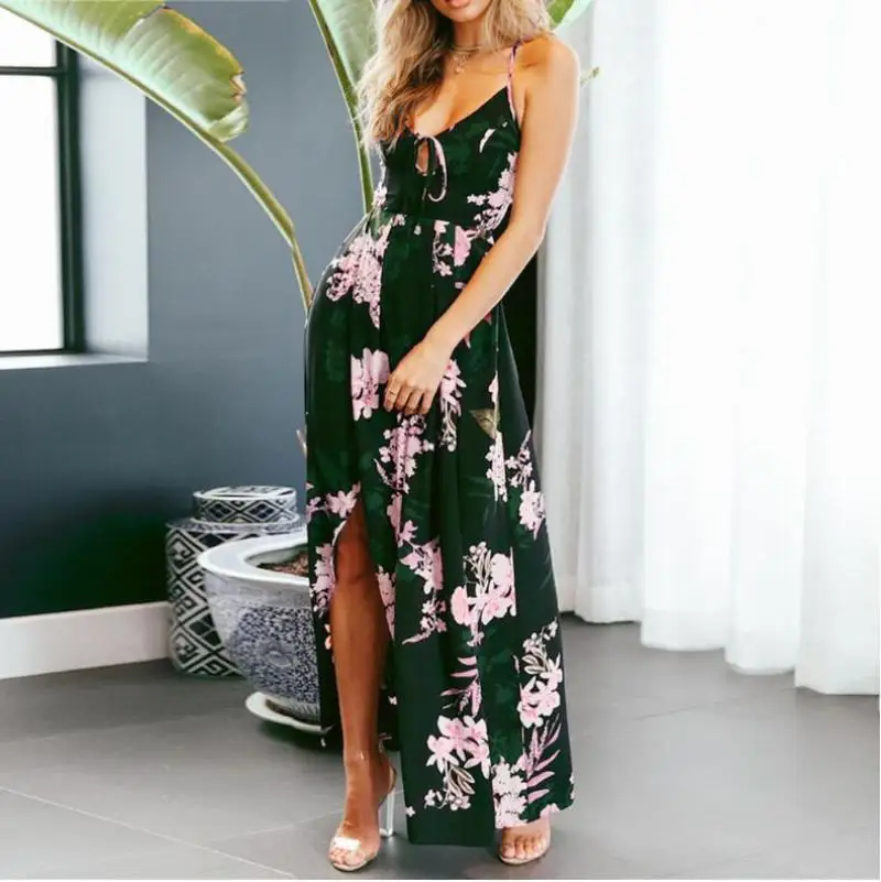 Summer women's dress sexy sling split v-neck tie print big swing holiday beach seaside one-piece dress