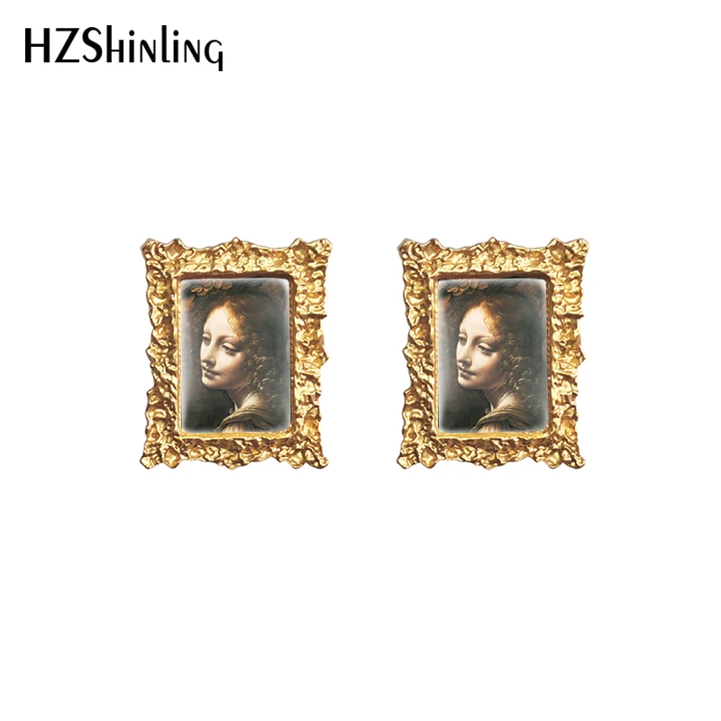 2020 New Vintage Oil Painting Stud Earring Mona Lisa Last Supper Square Earrings Retro Art Printed Glass Dome Jewelry