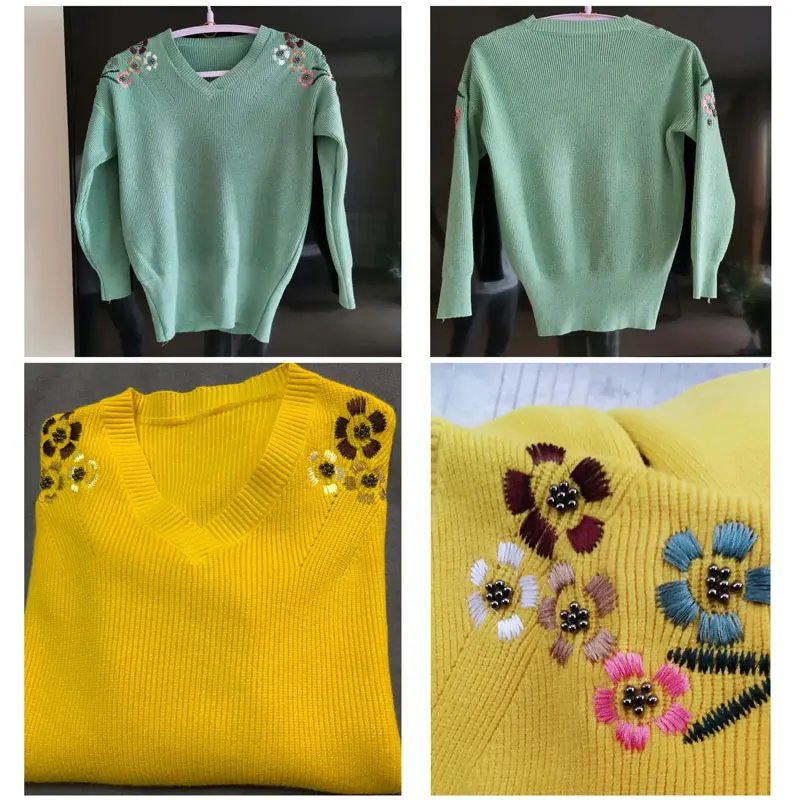 Slim V-Neck Flower Embroidery knitted Pullovers For Women Fashion spring Elastic Sweaters Large Size Casual Knitwear Tops Femme