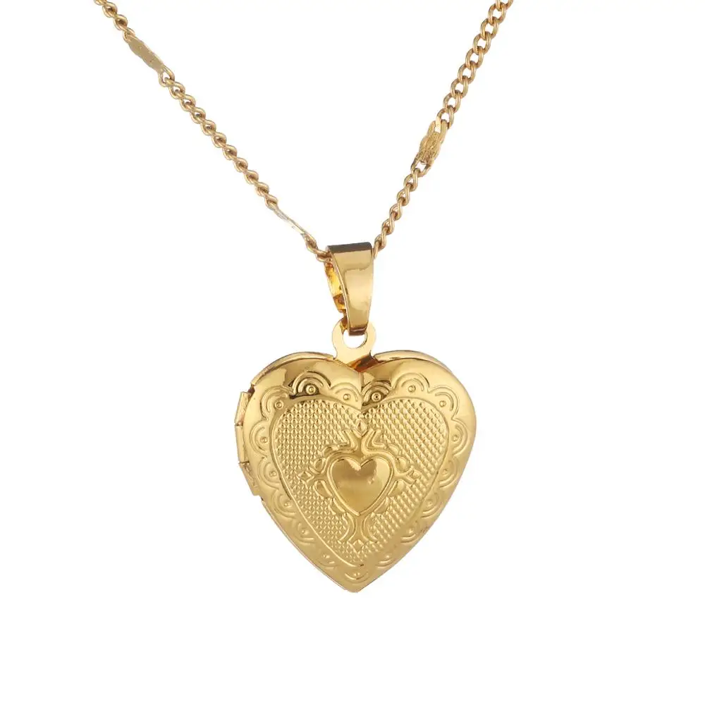 Trendy Gold Color Heart Locket Pendant Necklace with Engraved Cute Heart Chain Jewelry