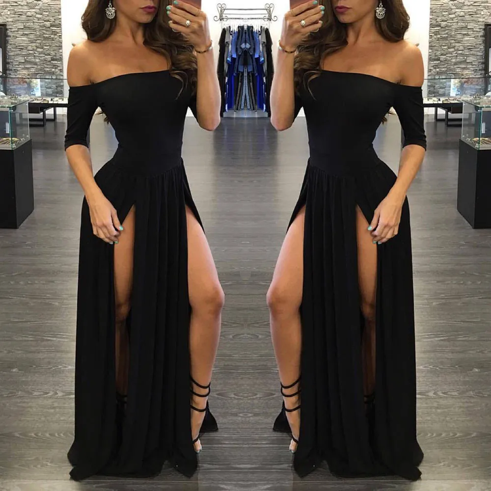 Women Sexy Slash Neck Maxi Dress Solid Color High Slit Formal Party Dress Fashion Slim Summer Dress Vestido De Mulher