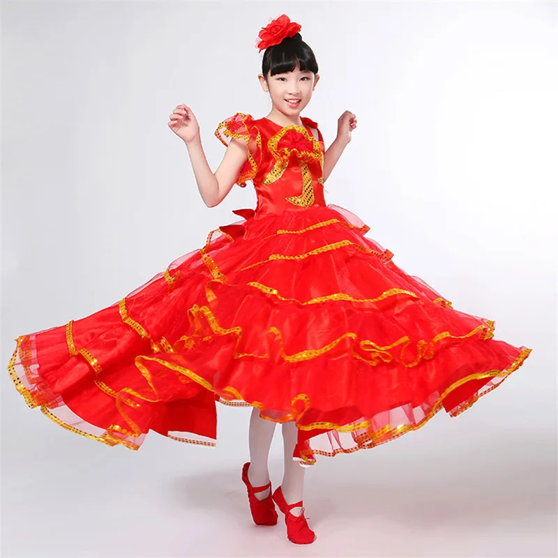 Girls Flamenco Dress Spanish Dance Gypsy Skirt Woman Stage Performance Spain Traditional Bullfighting Costumes 100-150CM DL4219