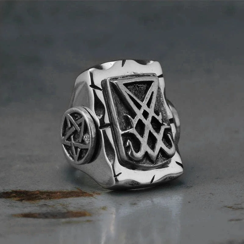 EYHIMD Vintage Sigil Lucifer Biker Ring 316L Stainless Steel Baphomet Pentagram Seal of Satan Rings for Men Male Punk Jewelry