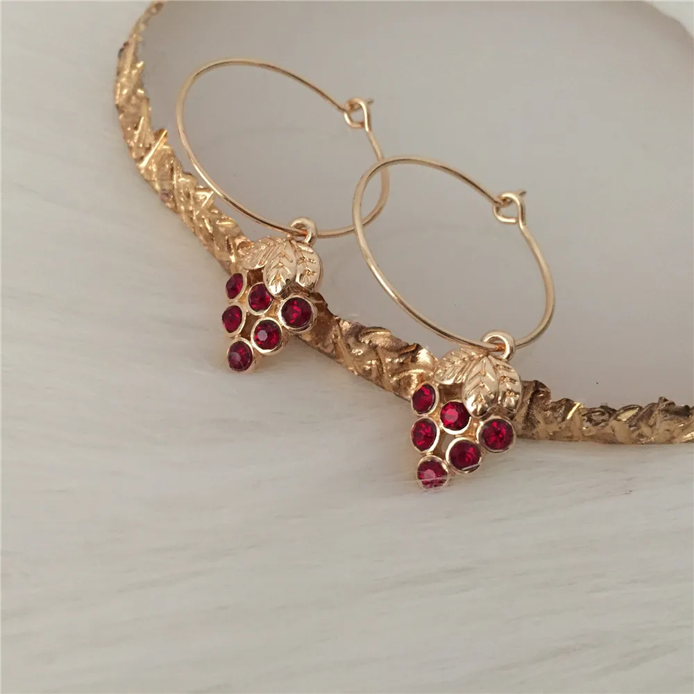 Cute Earrings Gold Color Hoop with Red Grape Shape Pendant Earrings for Girl Friend Best Gift