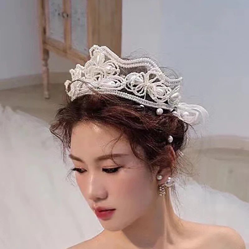 New bridal tiara Korean handmade beaded luxury pearl crown dress pictorial modeling with makeup hair jewelry for women