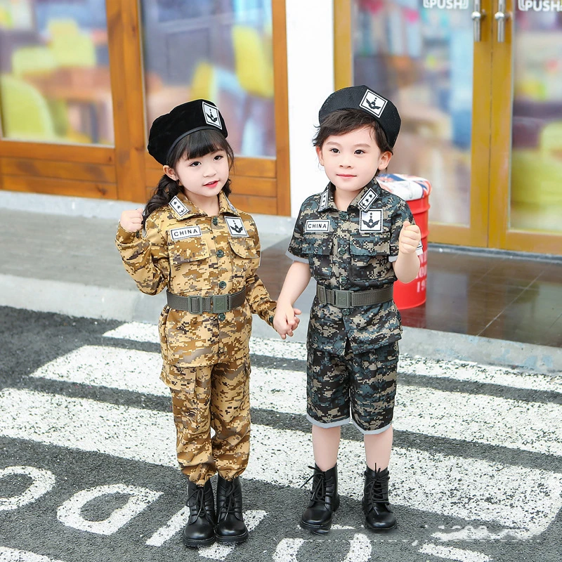 Crianças militares meninos meninas camuflagem trajes de manga curta conjunto halloween carnaval festa cosplay desempenho crianças roupas