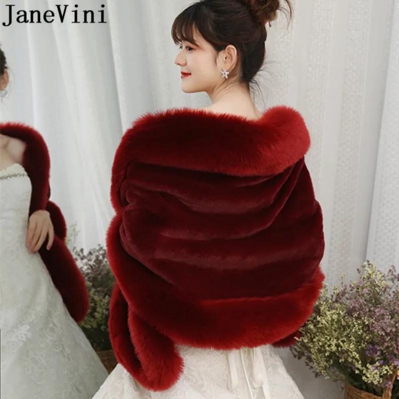 JaneVini Plus Size 165*55 cm Women Fur Jacket Cape Shawl Winter Stole Wedding Bolero Bridal Wraps Faux Fur White Red Cape Rouge