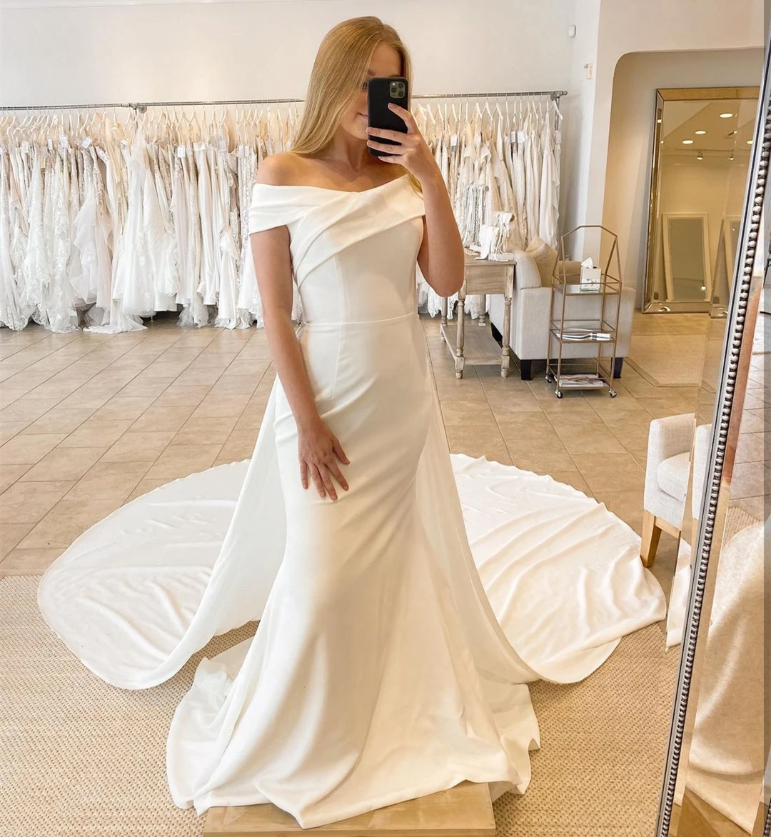 

LSYX Wedding Dress Mermaid Off Shoulder With Wrap Simple Stain Elegant Custom Made For Women Brides Court Train Cheap Fishtail