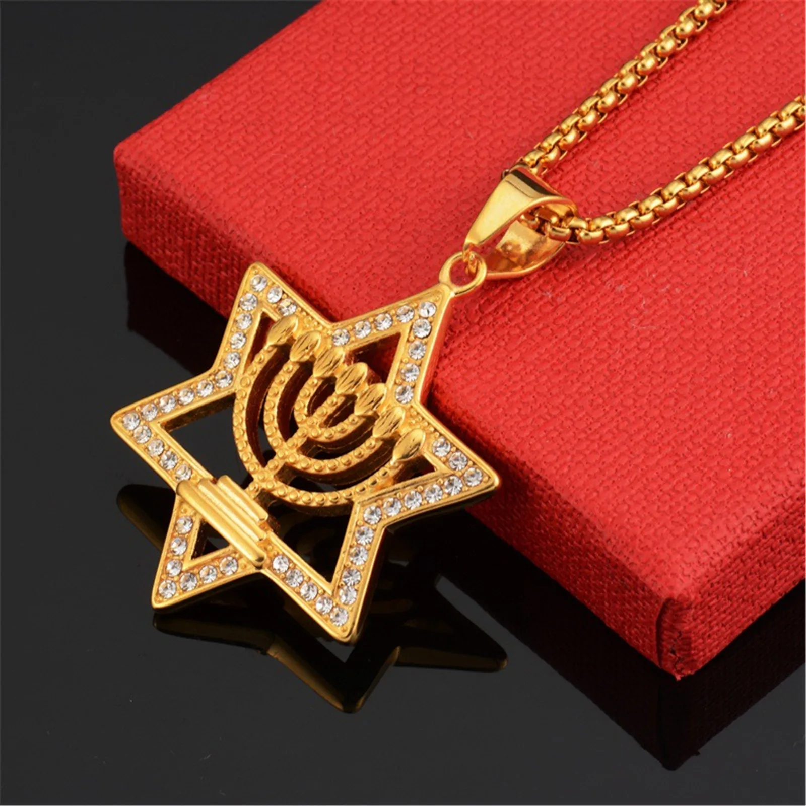 Menorah Judaica Magen David Stainless Steel Pendant Golden Necklace Judaism Jewish Jewelry for Men Women Israel National Emblem