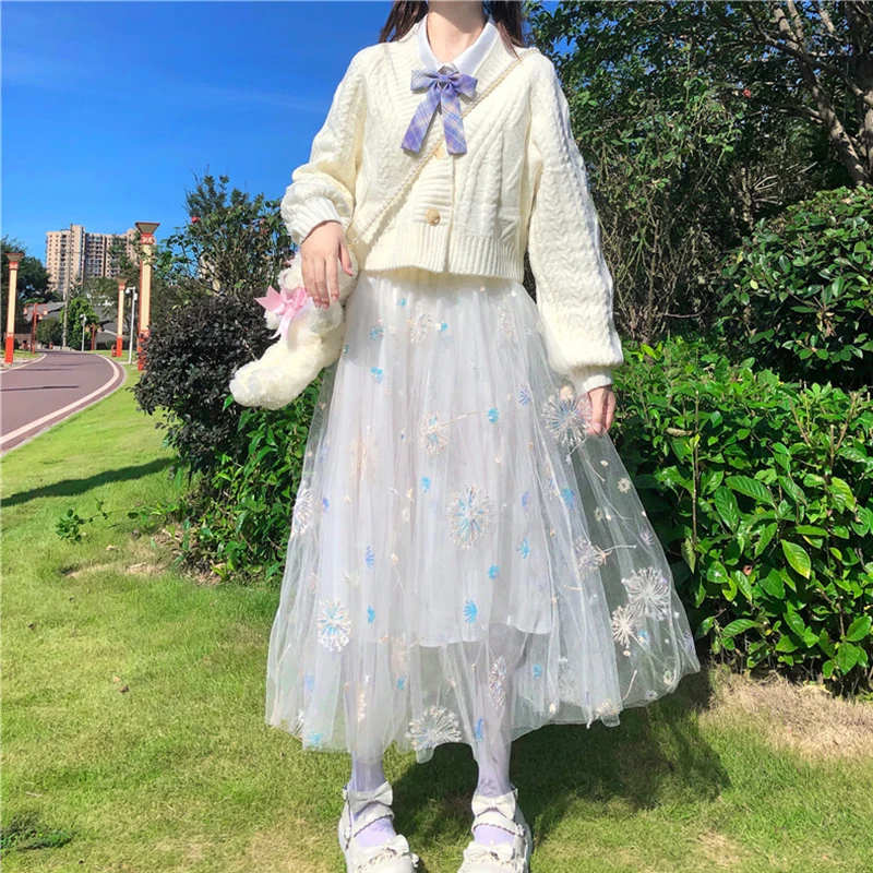 Dandelion Sequined Embroidered Three-Layer Skirt High Waist Slim Mid-Length Fairy Mesh Skirt kawaii clothing sweet lolita Skirt