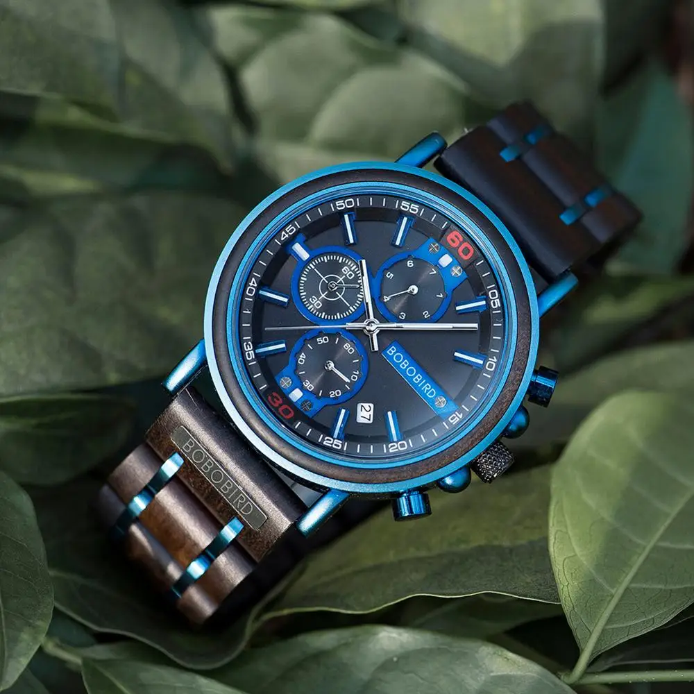 BOBO BIRD, logotipo personalizado con nombre, reloj de madera personalizado para hombre, cronógrafo de lujo de marca superior, relojes militares,