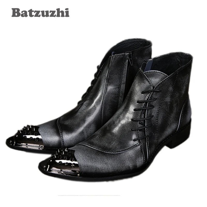 

Batzuzhi Luxury Mens Leather Shoes Fashion Designer Metal Toe Lacing Up Grey Short Ankle Boots For Man Size 38-46