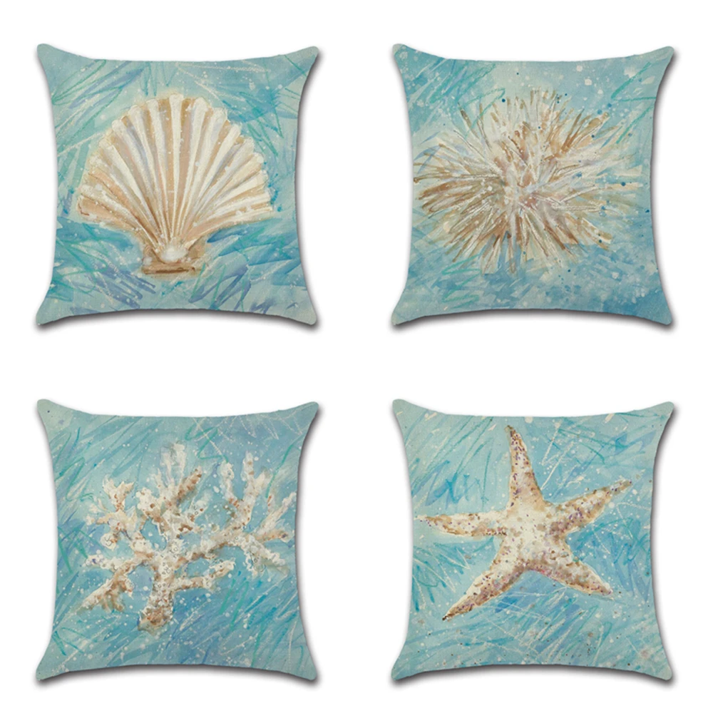 Cartoon hand drawn shell coral starfish Printed Cushion Cover Cotton Linen Ocean Printed Home Decor Pillowcase Sofa Cushion Case