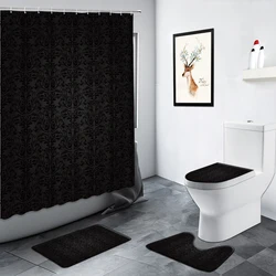 Black Brocade Baroque Shower Curtain Retro Art Abstract Floral Bathroom Decor Curtains Non-slip Carpet Bath Mat Toilet Mats Sets