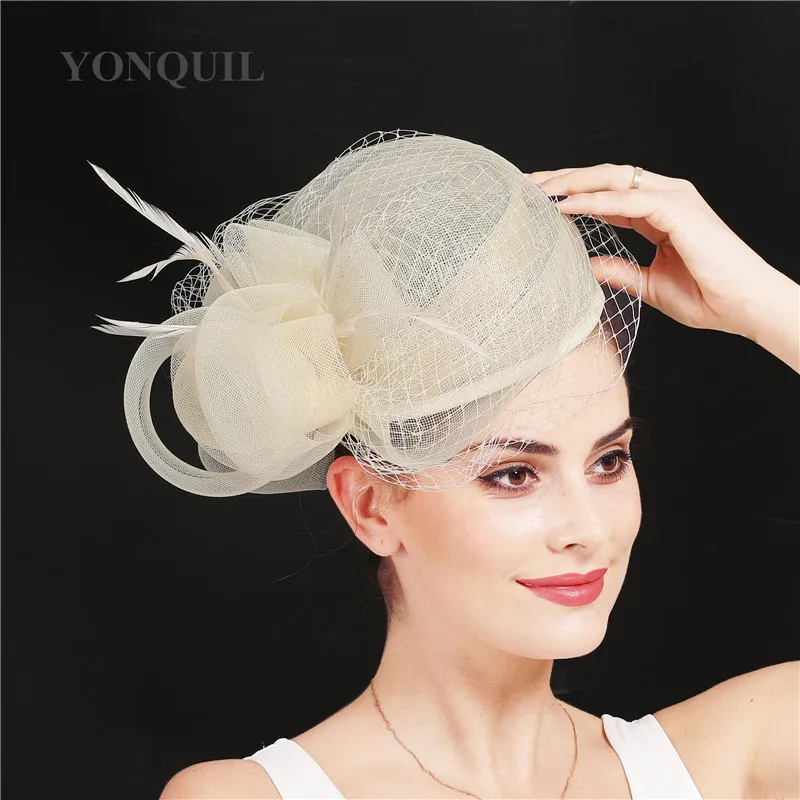 Elegant Female Married Hair Clips Ascot Sinamay Fascinator Wedding Hats For Fancy Feather Top Pillbox Hat Red/Ivory/Black SYF404