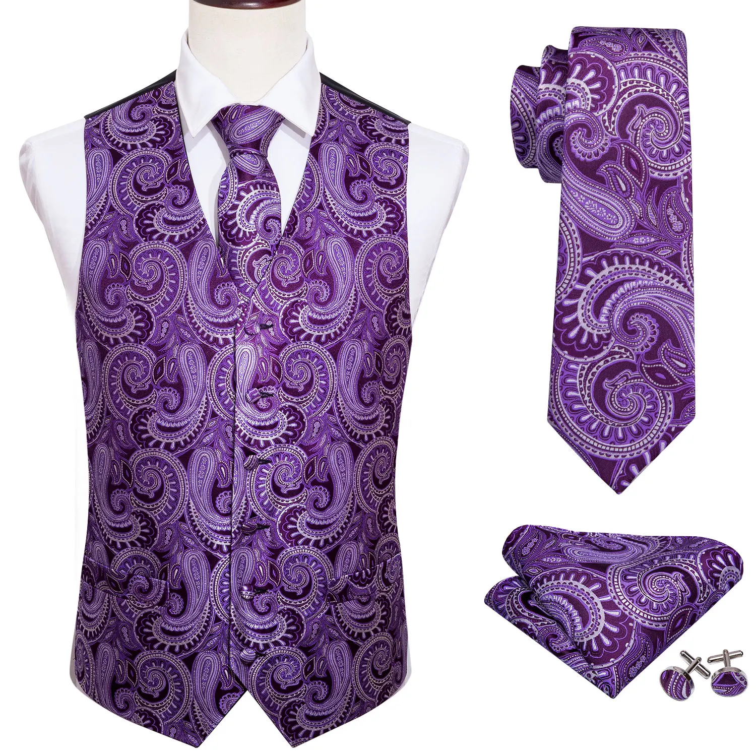 Barry.Wang Lilac Purple Men Silk Vest Suit Vest Fashion Paisley Tie Set New Necktie Handkerchief Cufflinks Wedding Party MJ-2009