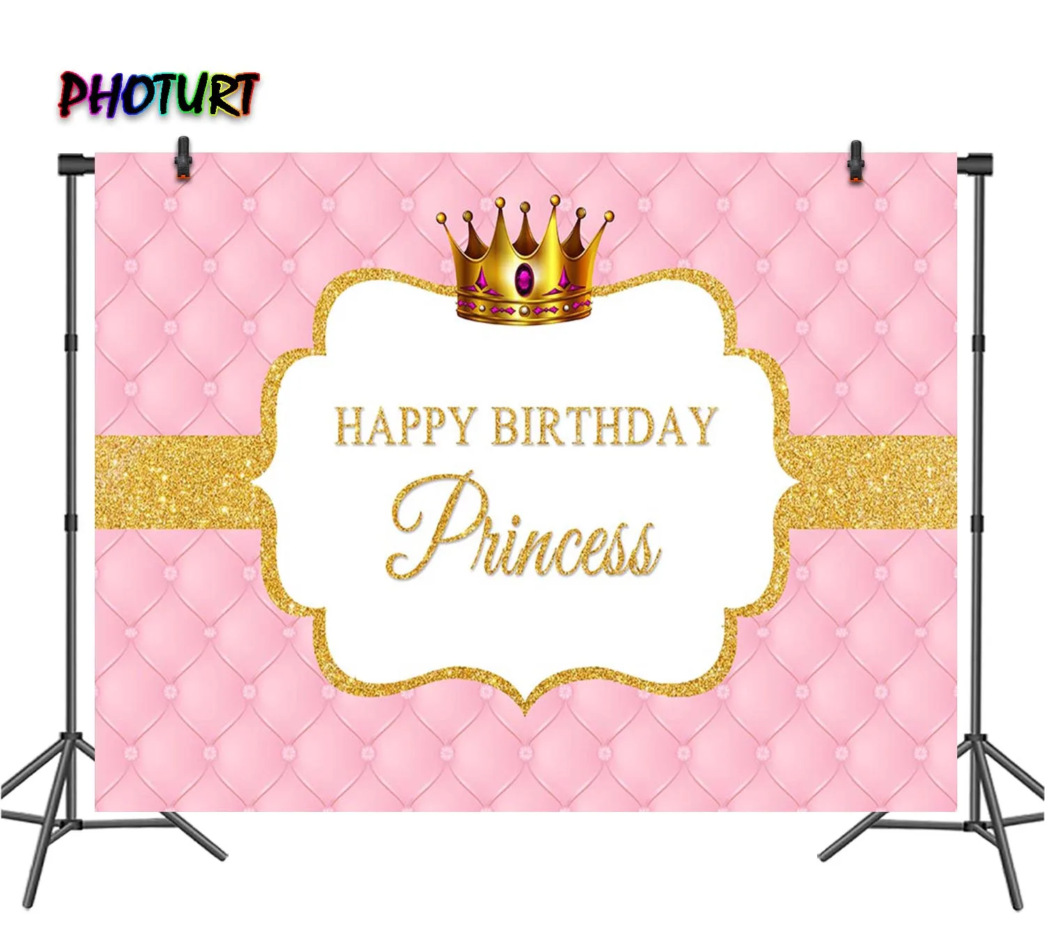 PHOTURT Royal Crown Backdrop Birthday Wedding Decorate Background Golden Pink Polyester Vinyl Photography Banner Studios Props