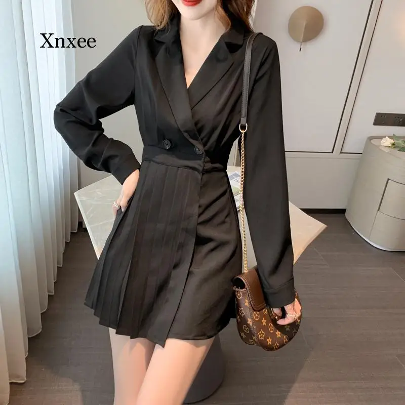 French Style Women Dress Spring Vintage High Waist V-Neck Dresses Brown Black Clothing Dresses