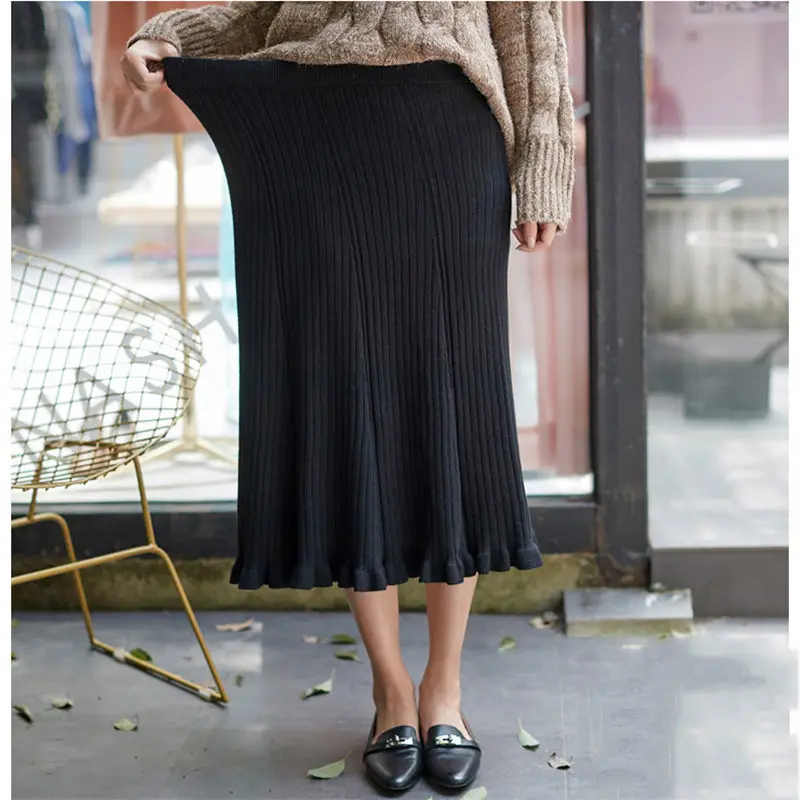 Large Size Knit Skirt Women Autumn And Winter Sweater Skirt High Waist Long Loose Lotus Leaf Fishtail Umbrella Skirt Femme Jupe