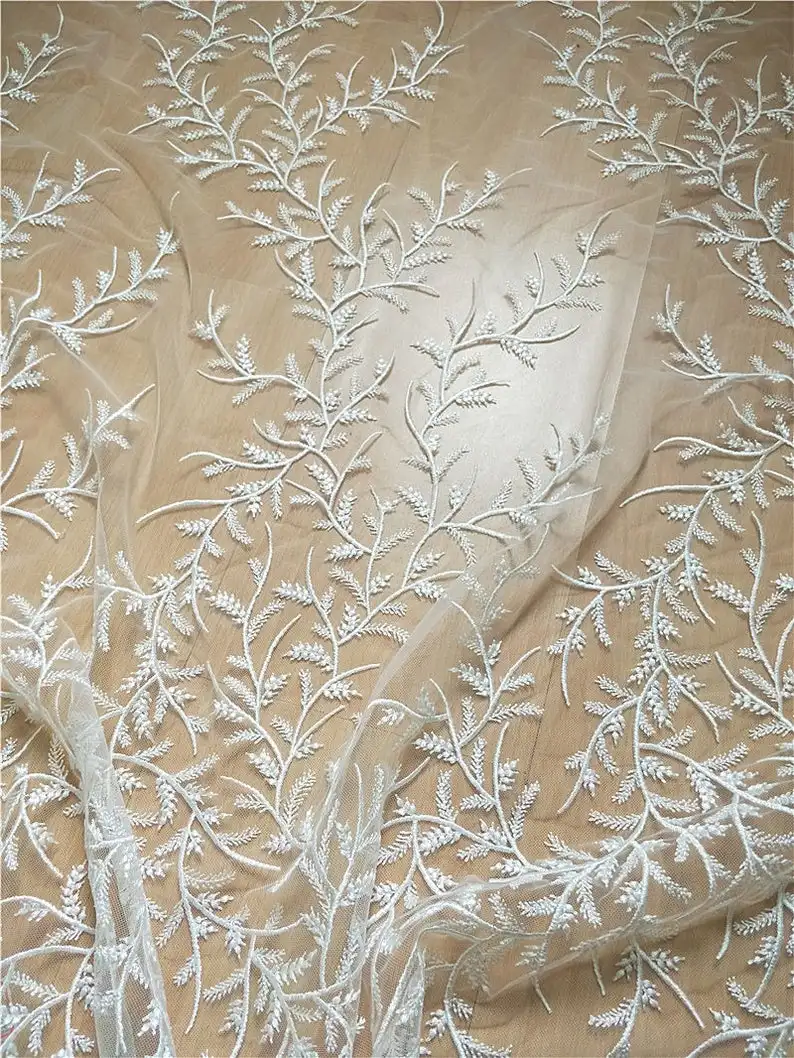 Exquisite Venice Lace Fabric In Ivory Leaf Embroidered Tulle Fabric For Wedding Bridal Gowns 1 Meter