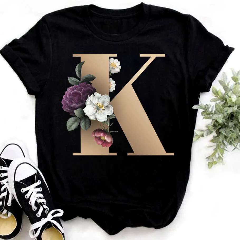 26 Letters Combination Fashion Women T-shirt Flower Letter Font A B C D E F G Short Sleeve Tops Black T-shirt Clothing