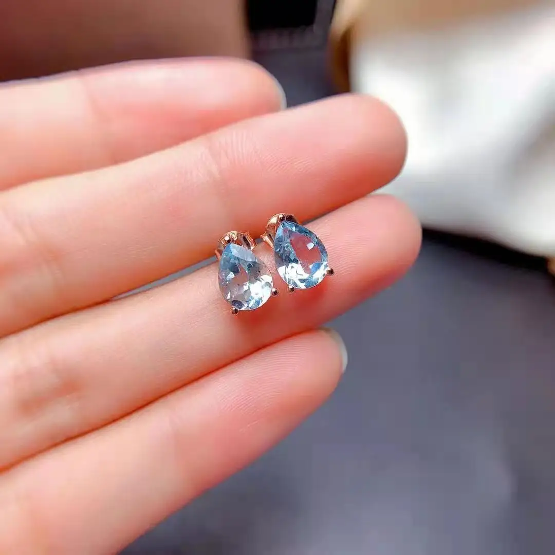 FS Natural Aquamarine S925 Sterling Silver Studs Earrings With Certificate Fine Fashion Charm Weddings Jewelry For Women MeiBaPJ