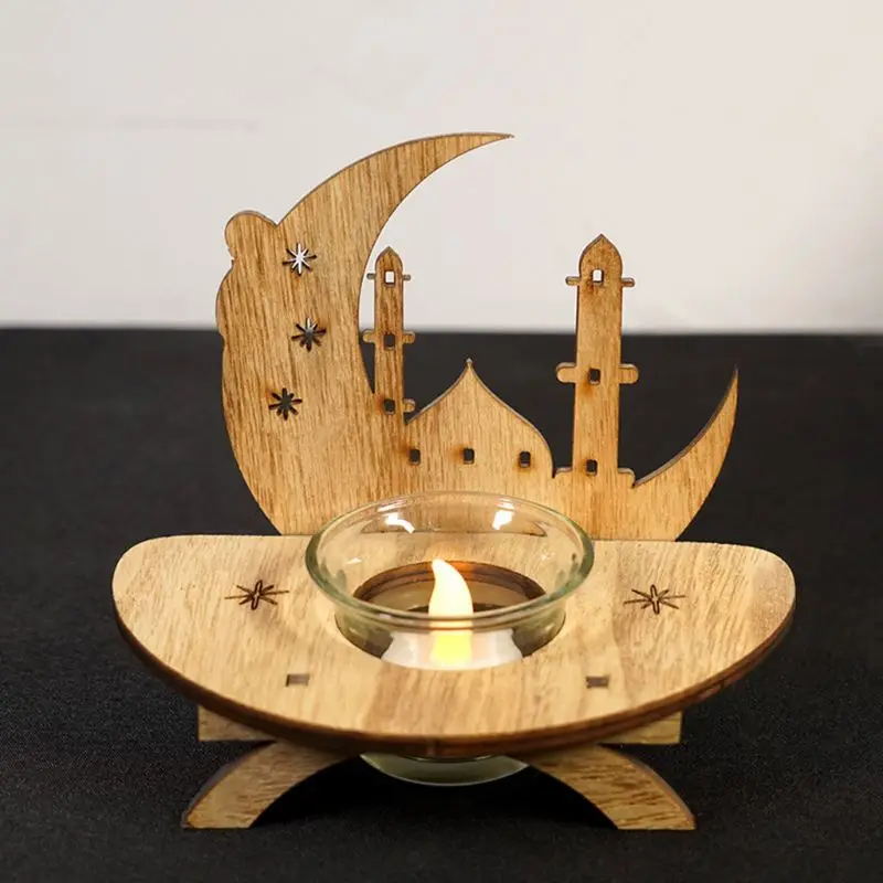 2022 New DIY Wood Eid Mubarak Moon LED Candlestick Light Wooden Decoration Ramadan Home