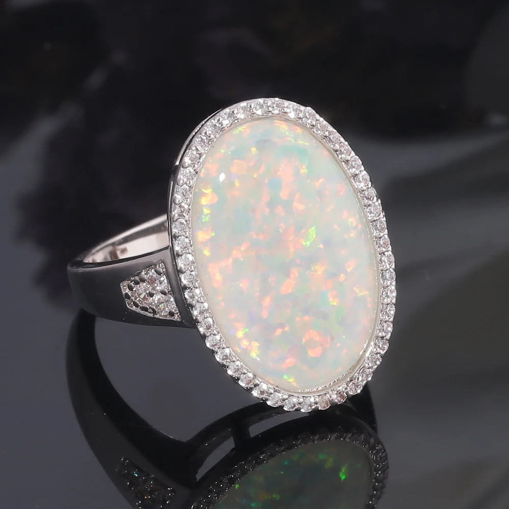 CiNily Created White Fire Opal Cubic Zirconia Silver Plated Wholesale for Women Jewelry Christmas Gift Ring Size 7-9 OJ9270