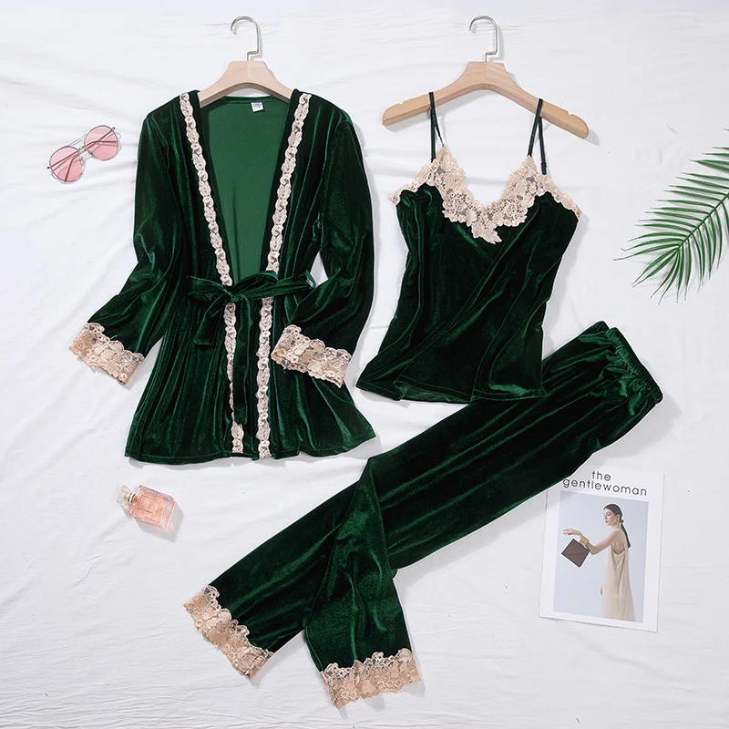 Zielony welur piżama garnitur kobiety 2 sztuk szata koszula nocna zestaw bielizna nocna pani zima aksamitna ciepłe koronki Folwer Kimono szlafrok suknia M-XL