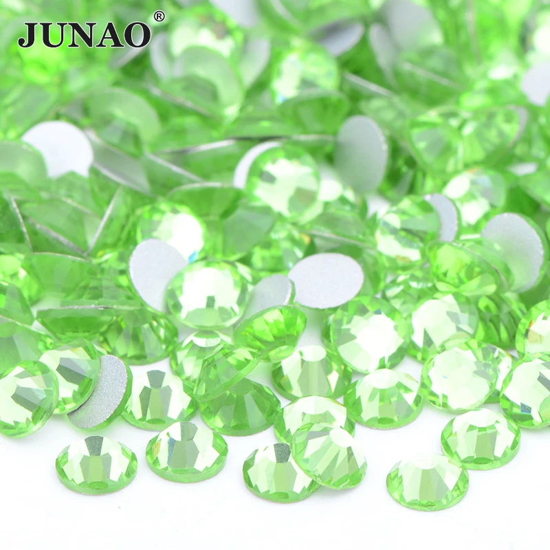 JUNAO-diamantes de imitación de cristal verde claro para decoración de uñas, piedras y cristales, Parte posterior plana, Strass, SS6, SS8, SS10, SS16, SS20, SS30