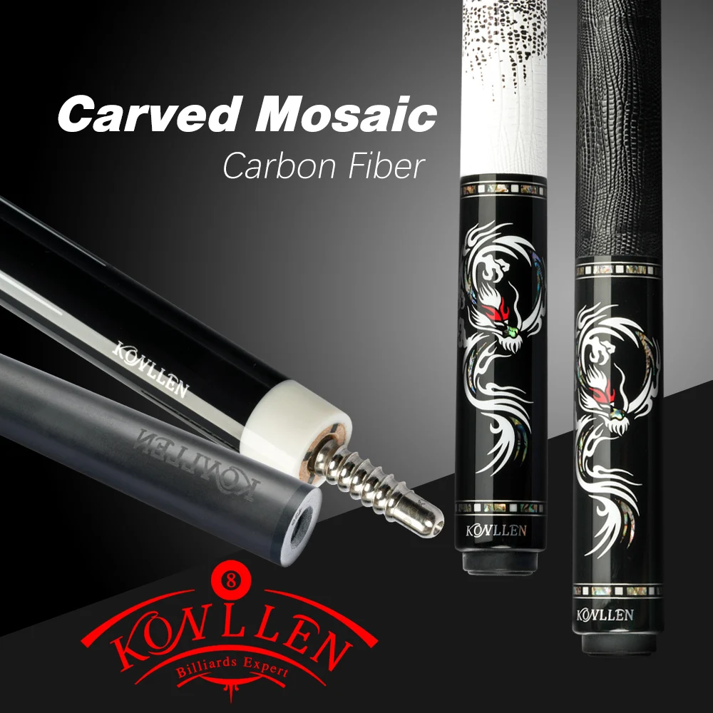 

KONLLEN Carbon Cue Carbon Fiber Shaft 12.3-12.5mm Real Inlay Billiard Cue Leather Grip 3/8*8 Radial Pin Joint Pool Cue Kit Stick