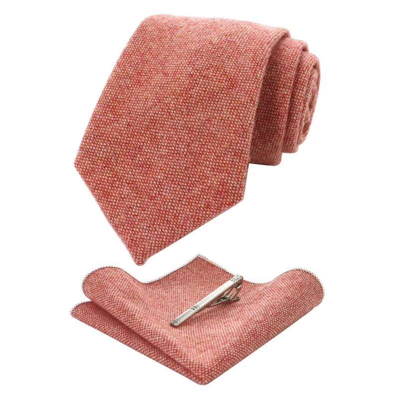 KAMBERFT Solid Color Cashmere Wool Necktie and Pocket Square Tie Clip Sets for Men 8cm Red Brown Green Gray For Men Wedding Tie