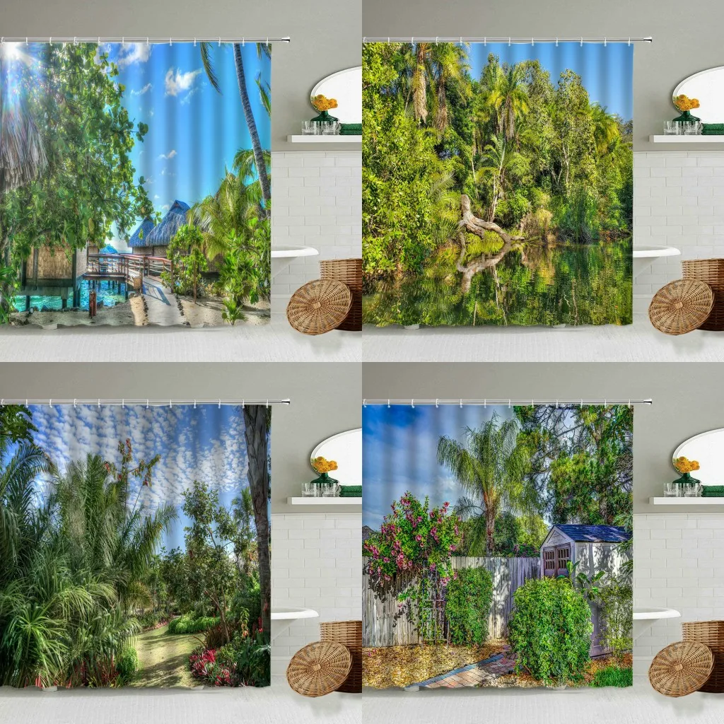 Тропический природный пейзаж, занавеска для душа, зеленые растения, цветы, озеро, дорога, курорт, ферма, дом, ванная комната, водонепроницаемый экран, домашний декор Тропический природный пейзаж, занавеска для душа, зеленые растения, цветы, озеро, дорога, курорт, ферма, дом, ванная комната, водонепроницаемый экран, домашний декор