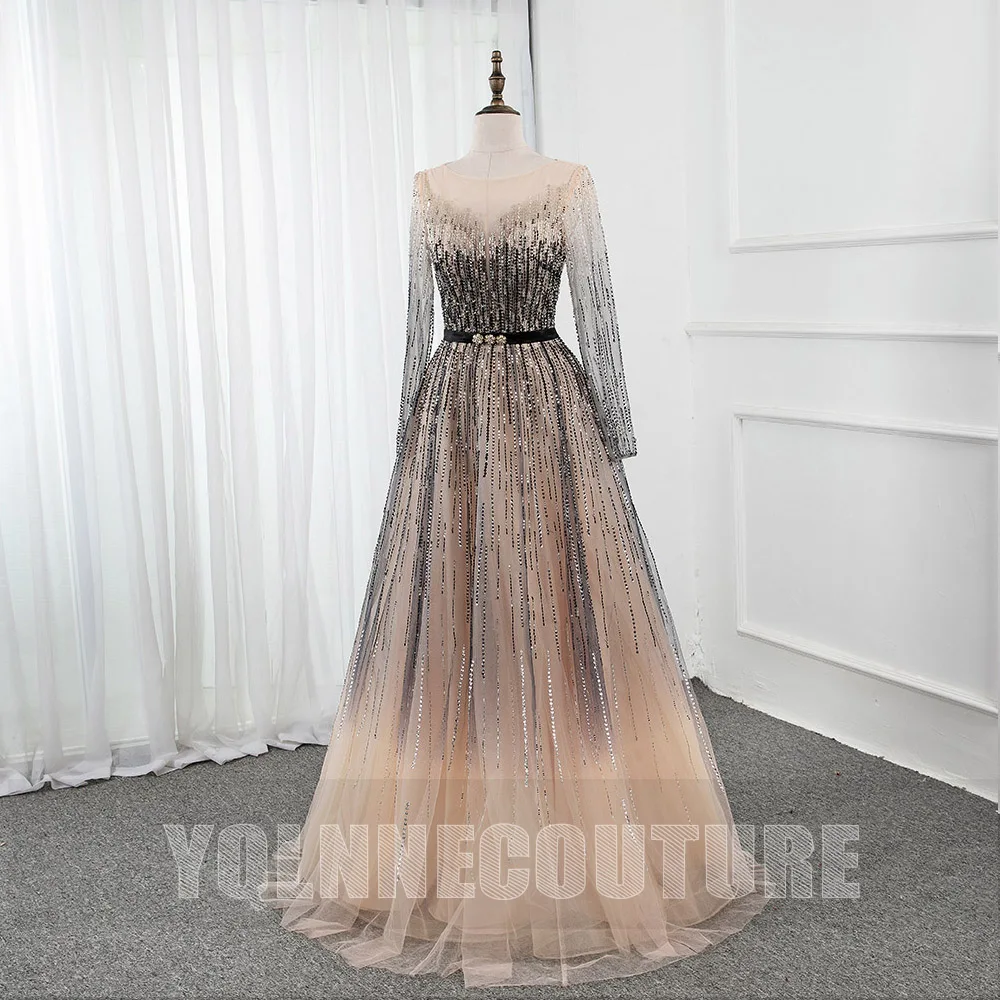 Muslim Gradient Long Sleeve Evening Dresses Beading Dubai Tulle Beading Formal Party Dress Elegant