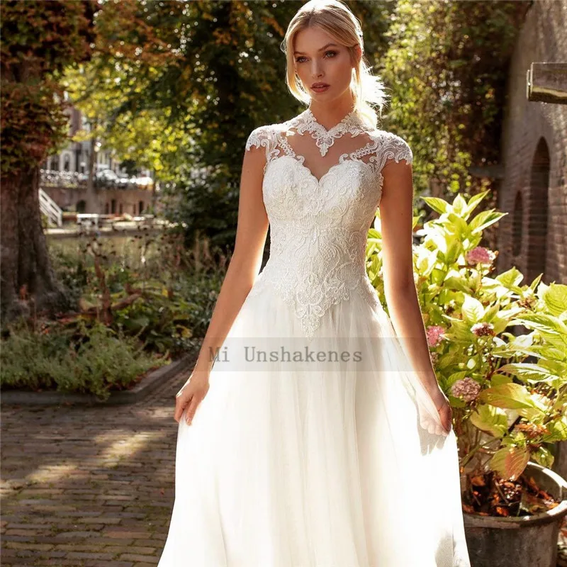 Abiti da sposa in turchia abiti da sposa con maniche A cappuccio in pizzo una linea abito da sposa Vintage Boho 2021 Brautkleid Illusion Back Applique