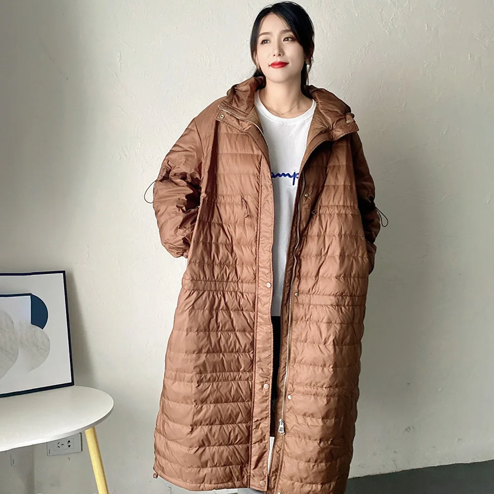 Women down jacket long loose white duck down 120kg large size fat lady hooded light 2021 new pregnant mother women\'s warm coat