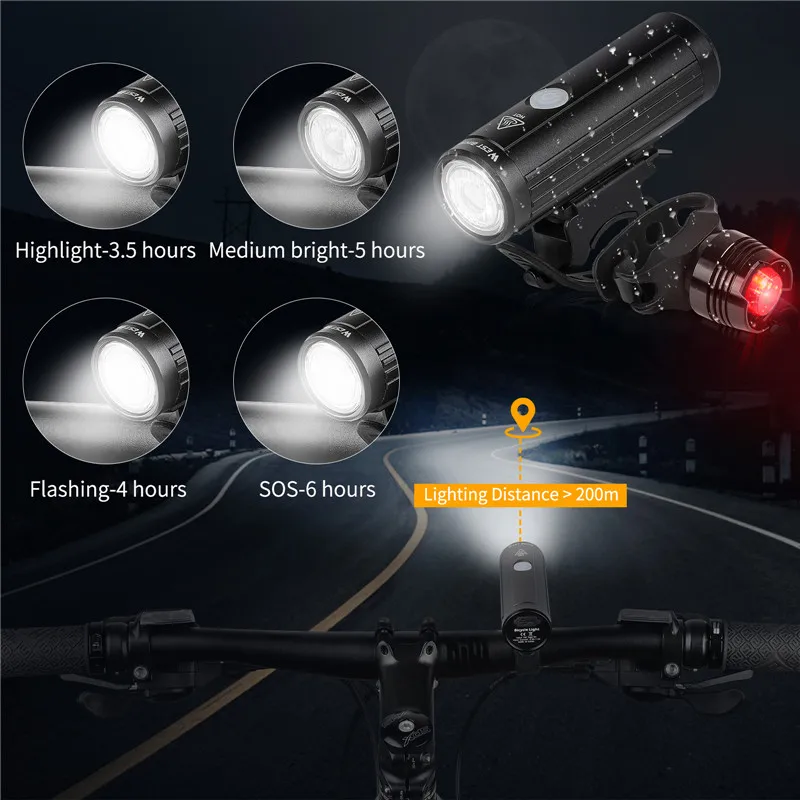 WEST BIKING 2000mAh 350LM Bike Light Waterproof Anti-glare MTB Bicycle Lamp USB Rechargeable LED Cycling Headlight Taillight