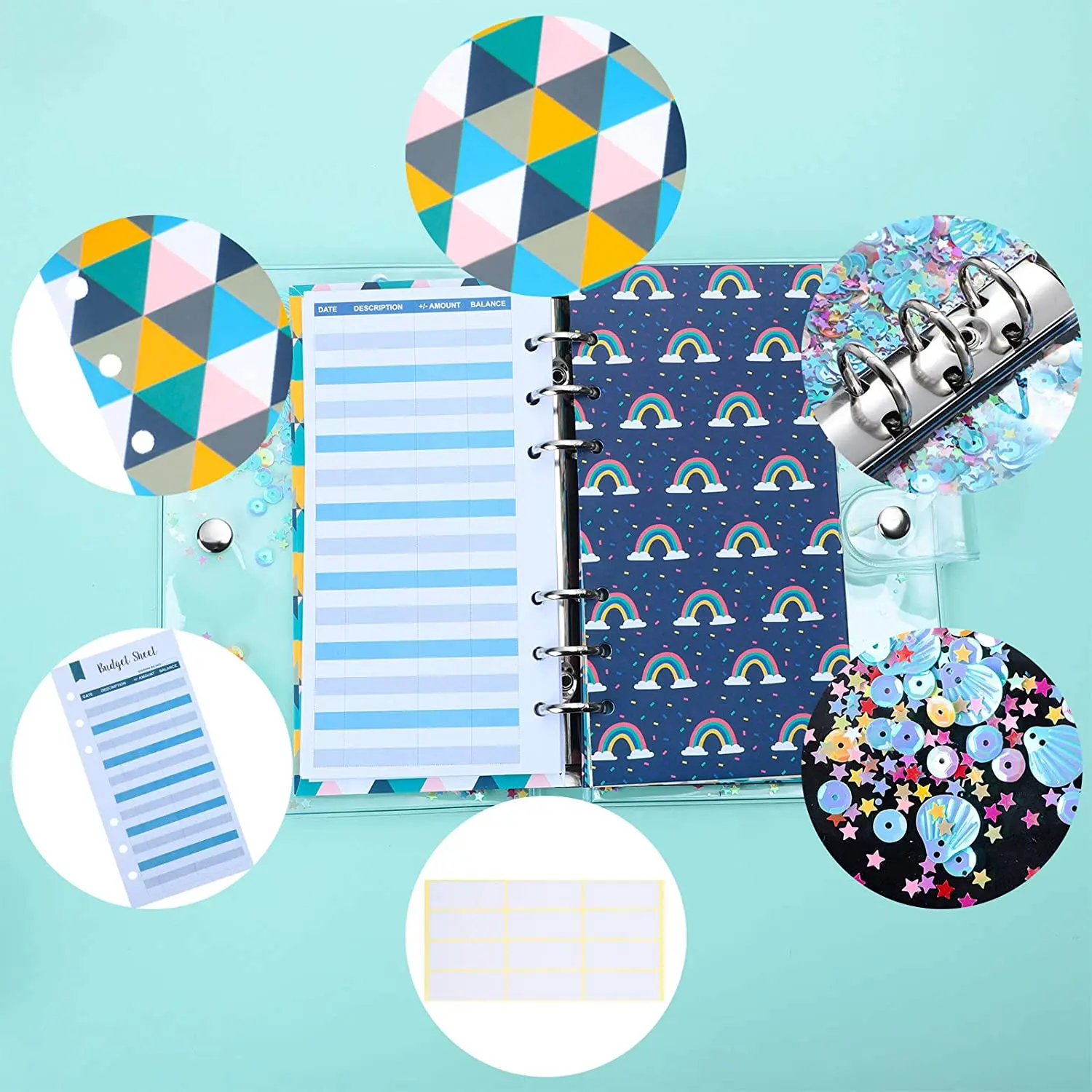 A6 Chất Kết Dính Ngân Sách Tiền Mặt Bao Thư Hệ Thống Ngân Sách Lập Kế Hoạch Tổ Chức 6 Vòng Xách Tay Lọ Với Sáng Bóng Kim Sa Lấp Lánh