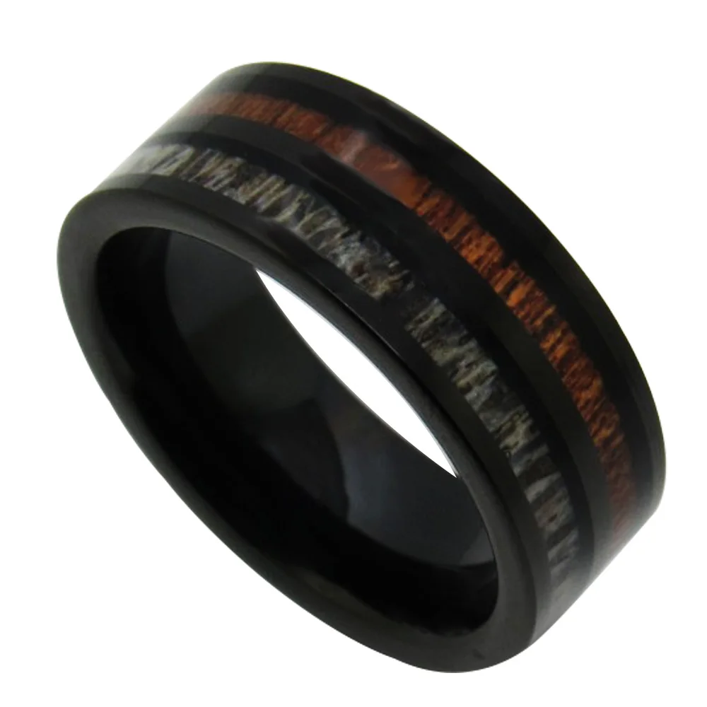 

Custom 8mm Width Mens Tungsten Promise Rings Black Color Inlay Natural Real Antler Elk & Koa Wood for Wedding 6-13 Engraving