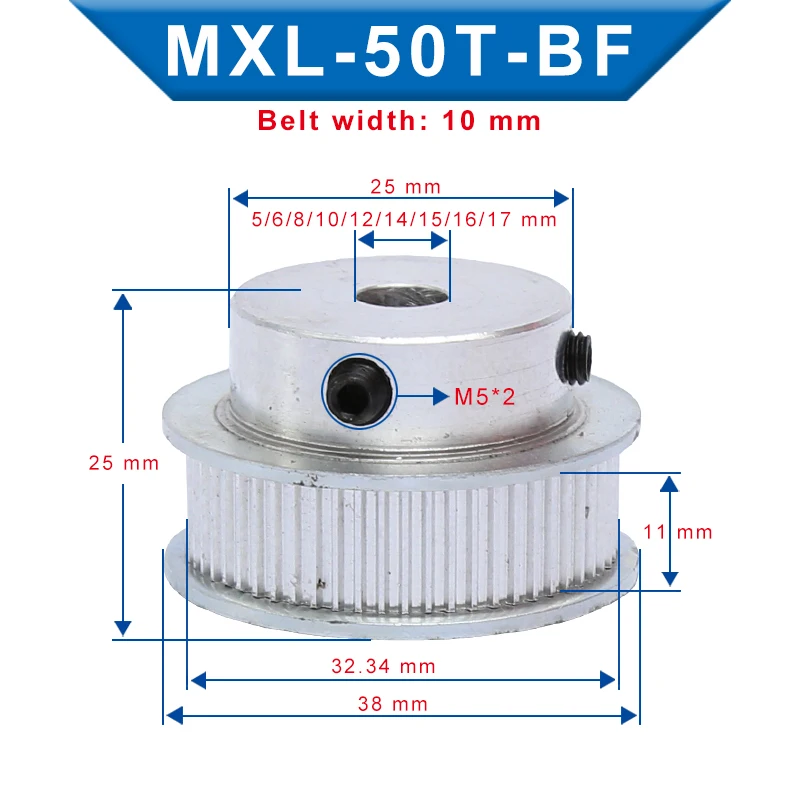 

1 Piece MXL-50T Timing Pulley Bore 5/6/8/10/12/14/15/16/17mm Pulley Wheel Slot Width 11mm Match with Width 10mm MXL-Timing belt